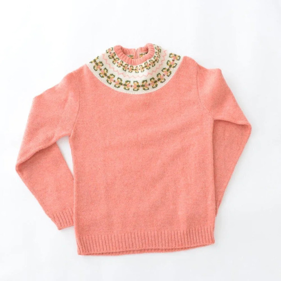 Handknit Handmade Coral Fair Isle Icelandic Fisherman Knit Sweater - Picture 1 of 11